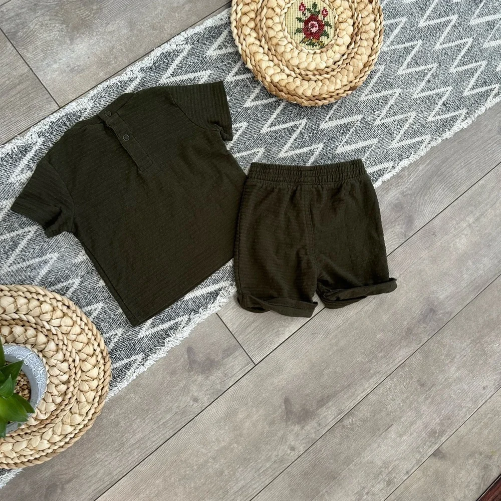 New Little Lad Baby Boy Dark Green Modern Textured Shirt & Shorts Outfit Set
